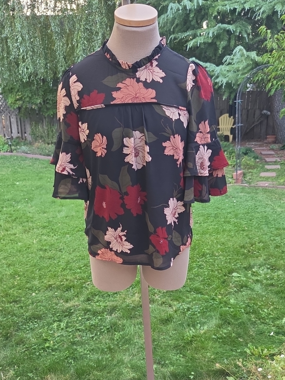 Black Floral Ruffle-Sleeve Blouse with Red & Blush Blooms